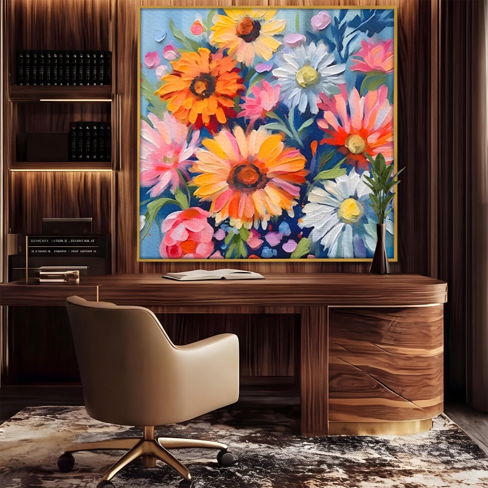 Tablou canvas cu tablou canvas cu buchet de flori, in rama de aluminiu auriu, pe perete intr-un birou